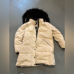 Women's Cream Puffer Coat with Black Faux-Fur Hood